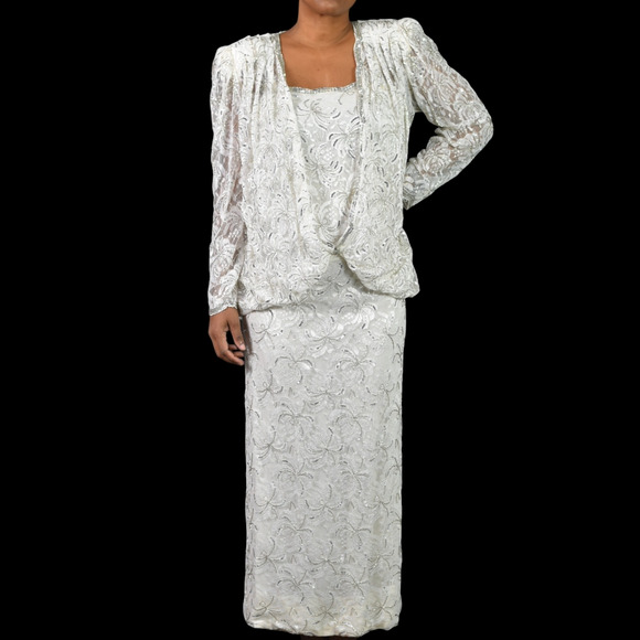 Vintage Beaded Lace Dress White 80s Sequin Maxi Blouson Handmade Bespoke Small - Picture 8 of 12